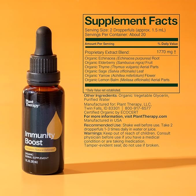 Plant Therapy Organic Immunity Boost Tincture 30 mL (1 oz) with Ehcinacea, Elderberry & Lemon Balm Extract, Supports a Healthy Immune System, Natural Defense Against Seasonal Threats