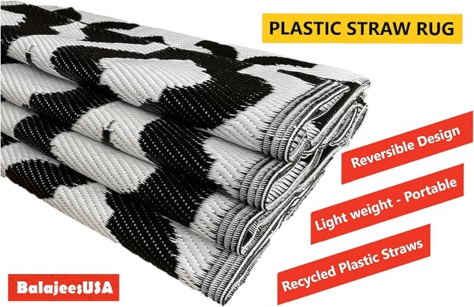 BalajeesUSA Outdoor Plastic Rugs - 6x9 Black, Reversible Recycled Plastic Straw Indoor Outdoor Patio Rugs Clearance Waterproof Large RV Camper Mats Outside 521