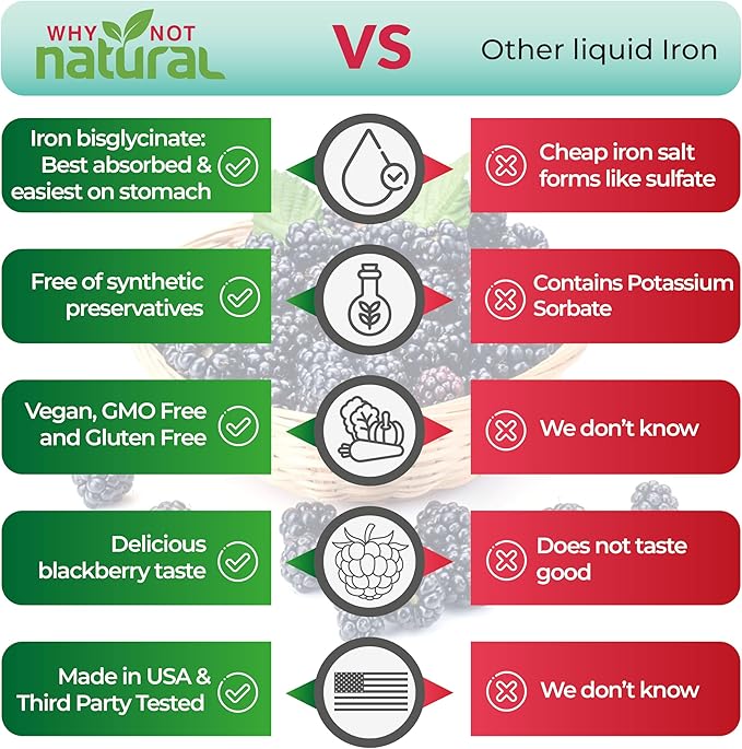 Why Not Natural Liquid Iron Supplement for Women, Men and Kids, Vegan Formulation for Anemia, Sugar Free, Vegan, Non-GMO, Organic BlackBerry Flavor 16 Fl Oz