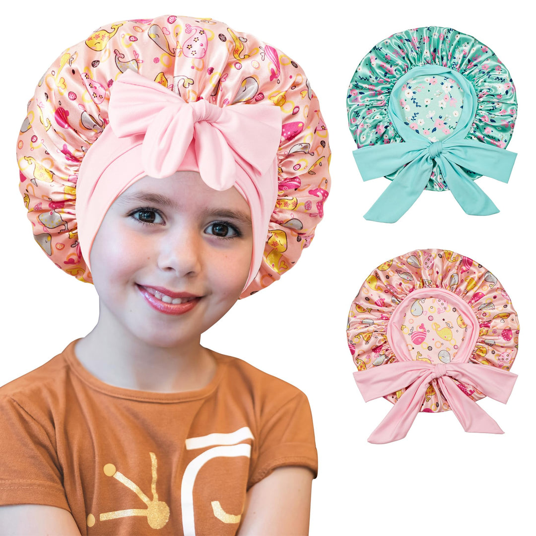 choshion 2 PCS Kids Bonnets for Girls, Silk Bonnet for Kids, Satin Silk Hair Bonnet for Sleeping with Tie Band, Baby Toddler Teens Child Sleep Cap for Curly Hair Braids