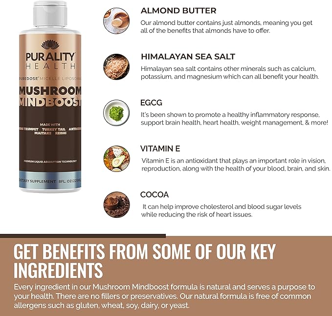 Mushroom Mindboost, Liposomal Formula, Helps with Brain Fog, Natural Energy, King Trumpet, Turkey Tail, Chocolate Flavor, Vegan, 15 Day Supply