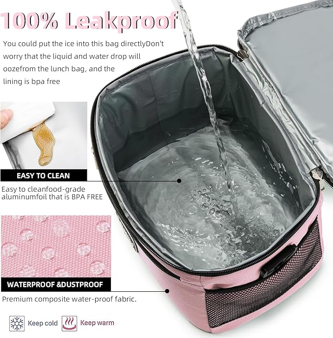 BEIMILY Lunch Box for Men/Women,Small Insulated Lunch Bag,Reusable LunchBox for work Picnic Hiking Beach,Leakproof Soft Cooler Tote Bag Organizer with Adjustable Shoulder Strap for Adults(Pink)