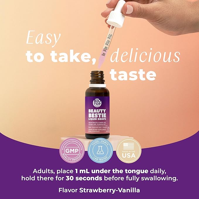 Beauty Bestie Vegan Liquid Drops, Biotin, Vitamin C, Hyaluronic Acid, Multi-Benefit Vitamins Blend to Support Healthy Hair, Skin & Nails Growth, Sugar Free 1 fl oz.