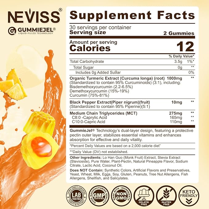 Turmeric Curcumin Gummies for Adults, with Medium Chain Triglycerides (MCT) Oil, Black Pepper Extract, Ultra Absorption, Sugar Free, 120 Gummies, 60 Servings