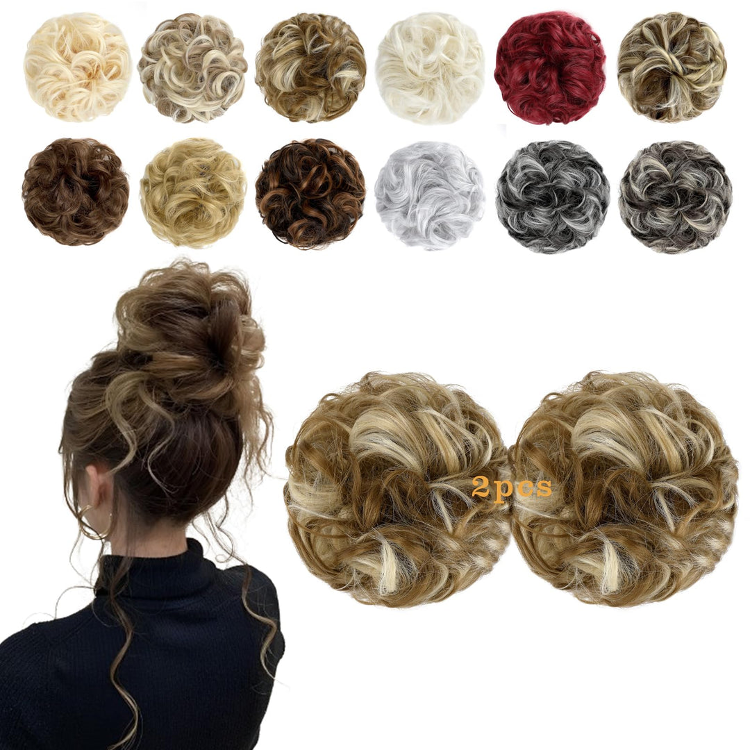 FeidyLong 2 PCS Messy Bun Hair Piece Wavy Curly Scrunchies Synthetic Chignon Ponytail Hair Extensions Thick Updo Hairpieces for Women Girls(Ginger Brown Mix Bleach Blonde)
