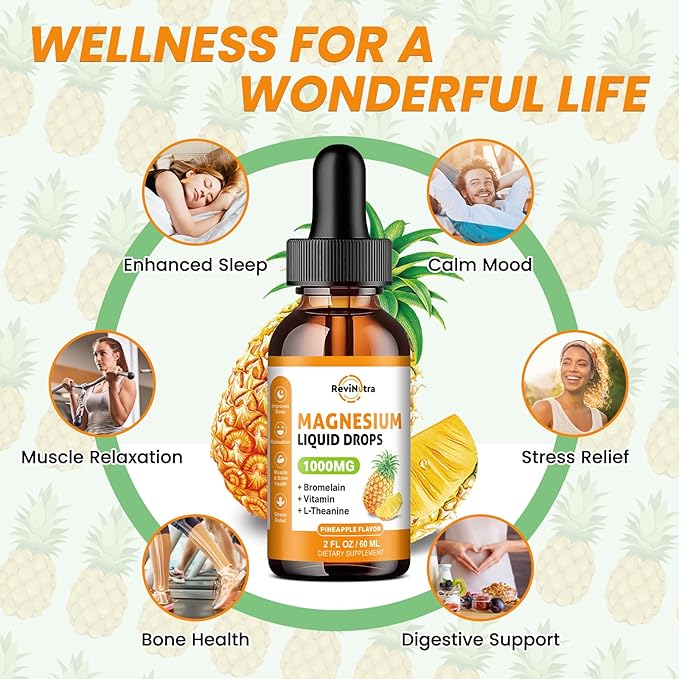 Magnesium Glycinate Liquid Drops, 1000mg of Magnesium Glycinate, Citrate & Threonate for Sleep, Nerve, Energy, Muscle, Bone, Calm & Digestion, High Absorption, 2 Fl Oz, Sugar-Free Pineapple Flavor
