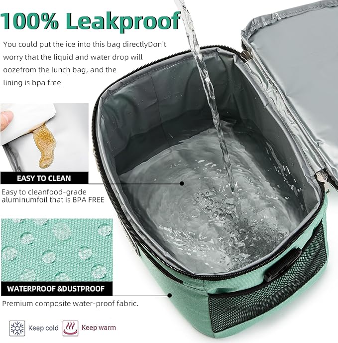 BEIMILY Lunch Box for Men/Women,Small Insulated Lunch Bag,Reusable LunchBox for work Picnic Hiking Beach,Leakproof Soft Cooler Tote Bag Organizer with Adjustable Shoulder Strap for Adults (Green Mint)