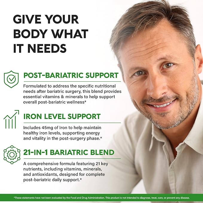 Bariatric Multivitamin - 45 mg Iron Supplements - Made in USA - for Women & Men - All-in-One, 21 Essential Vitamins - Gastric Sleeve Support - Free of Sugar, Gluten & Soy - 90 Capsules, Once Daily