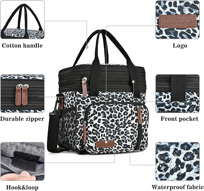 MIYCOO Lunch Bag for Women Men Double Deck Lunch Box - Leakproof Insulated Soft Large Lunch Cooler Bag, (Leopard print,15L)