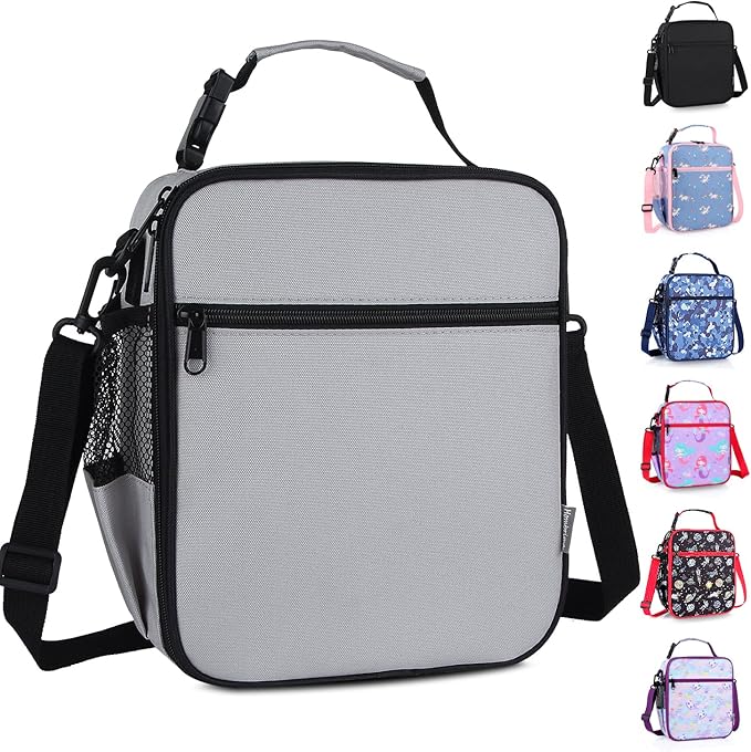 Kids Insulated Lunch Box Bag, Thermal Picnic Cool Bags with Adjustable Strap for Adults Children Women Men Boys Girls School Work (Gray)