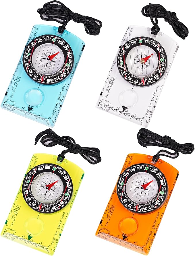 4 Pcs Outdoor Compass with Adjustable Declination,Magnifier,Ruler,Scale. Multifunctional Orienteering Waterproof Compass for Map Reading, Navigation, Hiking