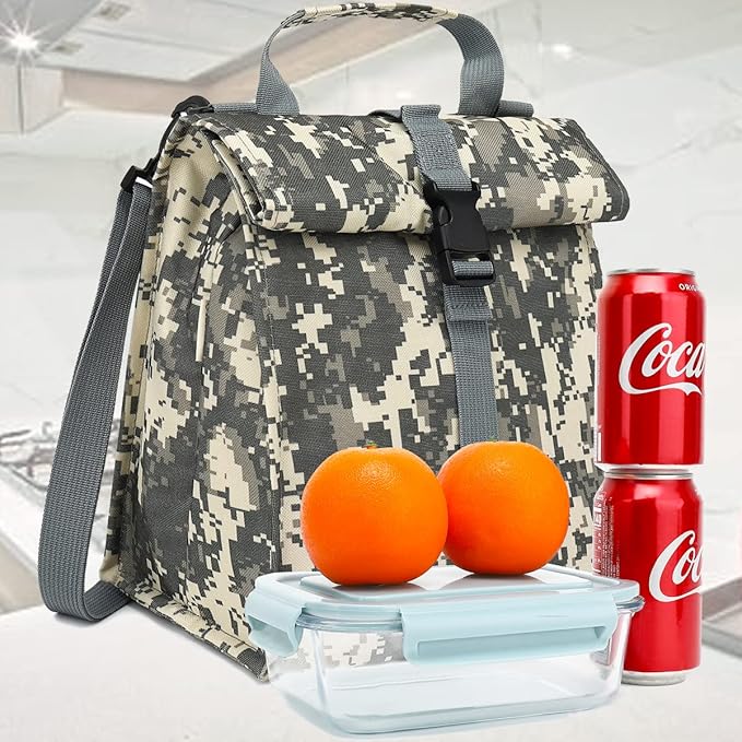 Insulated Lunch Bag for Men/Women/Kids, Roll top Reusable Lunch Box with Adjustable Shoulder Strap, Thermal Lunch Cooler Tote Container for Adults/Teens School Work Office Picnic,Black,Camo