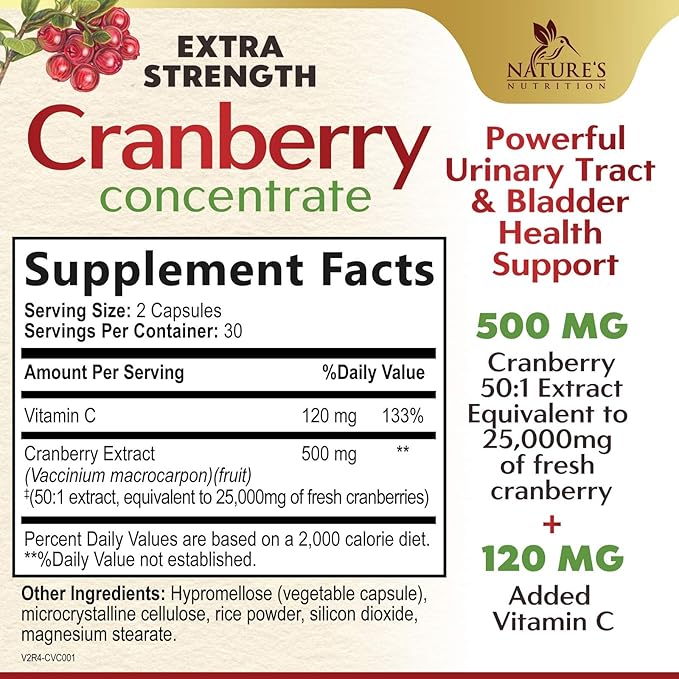 Cranberry Concentrate Extract Supplement for Women & Men + Vitamin C - 25,000mg Formula for Urinary Tract Health Support, Non-GMO and Gluten Free, Cranberry Pills Supplement - 60 Capsules