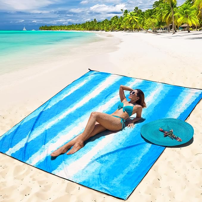 Beach Blanket Waterproof Sandproof Beach Mat 79" X 83" /10'x9'for 2-8 Adults Quick Drying Outdoor Picnic Mat Beach Accessories for Travel, Camping, Hiking