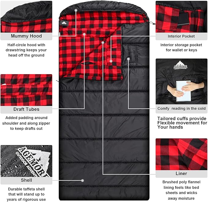 AGEMORE Cotton Flannel Sleeping Bag XL for Camping, Envelope Sleeping Bags for Adults 91"X35", Great for 3-4 Season Traveling, Hiking & Outdoor Activities, Waterproof Comfort with Compression Sack