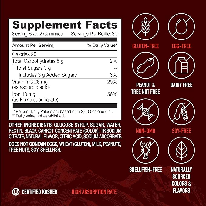 YUM-V'S Strong Earth Iron with Vitamin C Gummies (60 Count) - Iron Supplements with Vitamin C Gummy - Blood Builder Anemia FE Iron Gummies, Iron Supplement for Women and Men