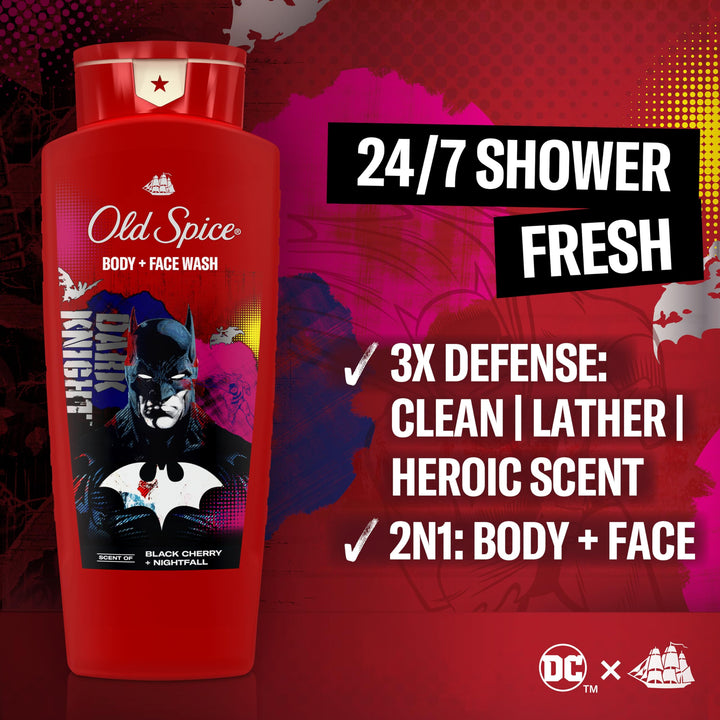 Old Spice Cleansing Body Wash for Men, 3X Defense, 24/7 Shower Fresh with Lasting Scent, 2-in-1 Body & Face Wash, Smell Like a Hero, Batman, Black Cherry and Nightfall Scent, 24 oz