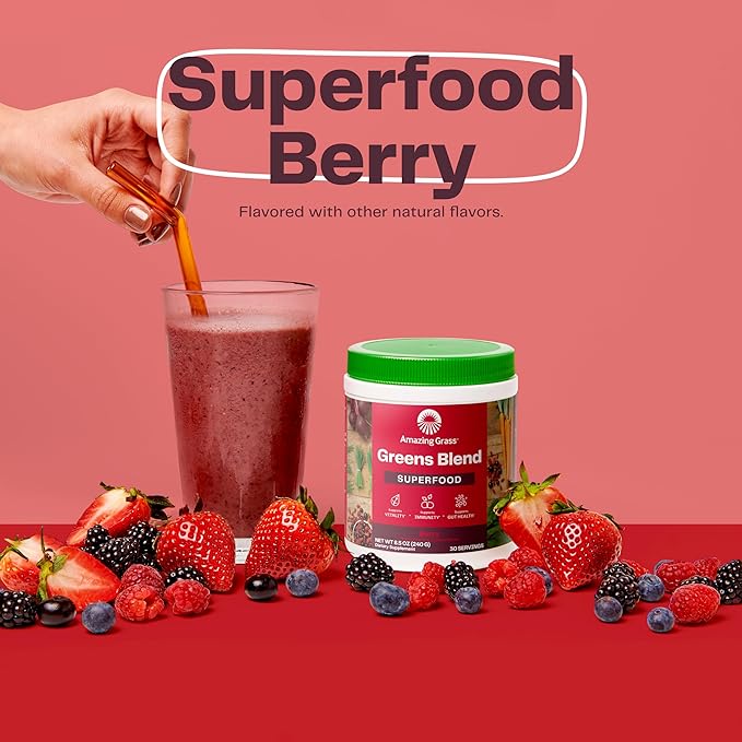 Amazing Grass Greens Blend Superfood: Super Greens Powder with Spirulina, Chlorella, Beet Root Powder, Digestive Enzymes, Prebiotics & Probiotics, Berry, 100 Servings (Packaging May Vary)
