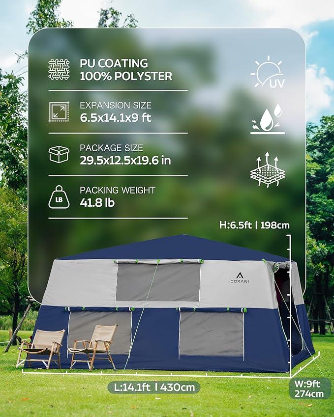 14.1'x6.5'x9' Inflatable Tents for Camping, Portable 6/8/10 Person Blow Up Air Tent, Waterproof Windproof Easy Setup Large Family Tent with 2 Doors, 6 Windows, Mosquito Screen