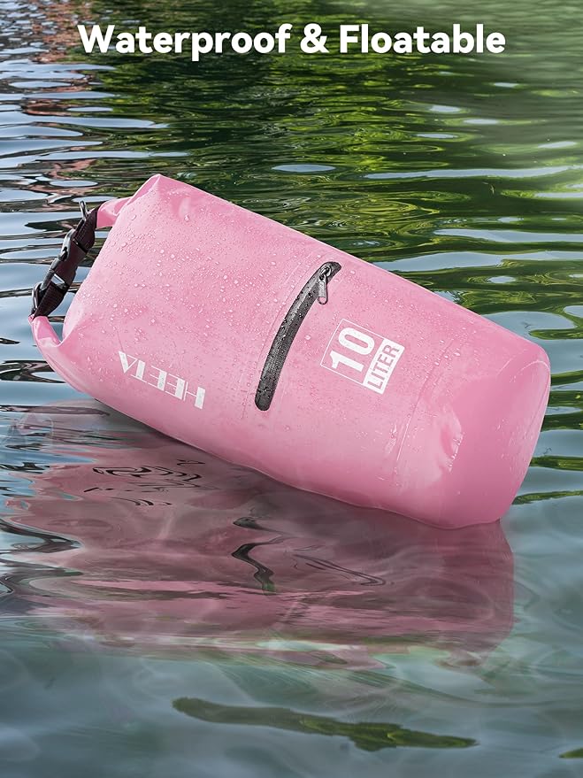 HEETA Waterproof Dry Bag with Phone Case Bundled with Upgraded Dry Bag with Zippered Pocket for Women & Men, Roll Top Lightweight Dry Storage Bag Backpack for Kayaking, Boating, Camping (Pink 5L)