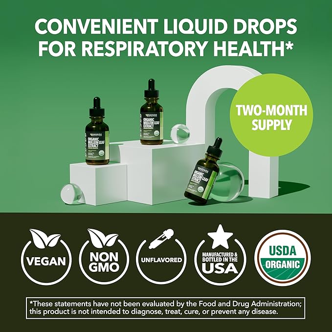 Mullein Drops for Lungs - USDA Organic Liquid - Respiratory Health and Lung Support Supplement - 2 Fl Oz - Vegan, Non-GMO, and Alcohol Free Formula - Daily Herbal Tincture - 2 Month Supply