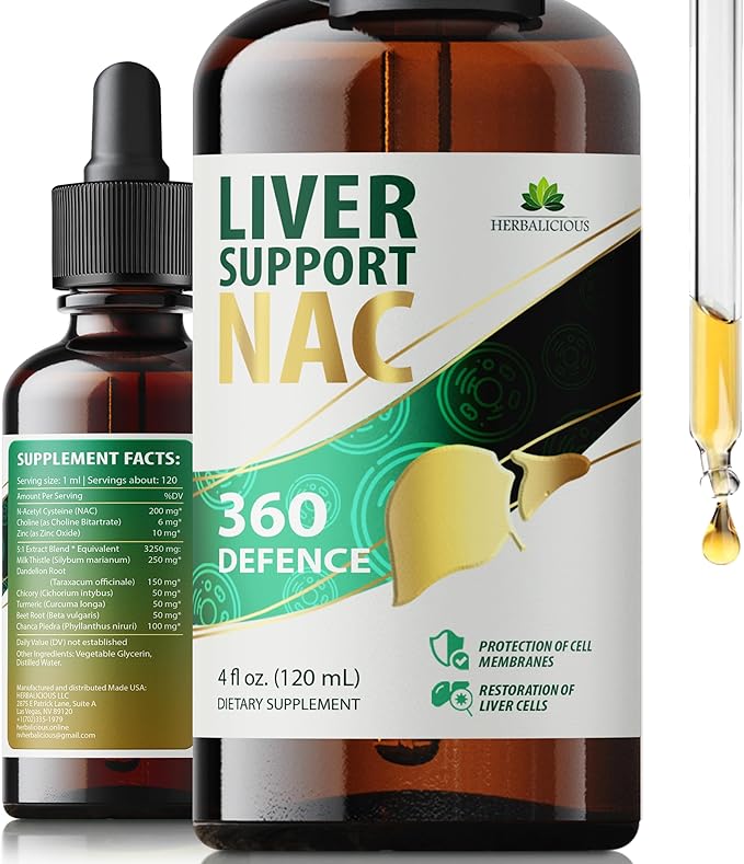 Liver Support NAC 360 Defense – Liquid Liver Health with NAC, Milk Thistle, Dandelion, Chicory, Turmeric, Chanca Piedra, Beet Root & Zinc – Supports Liver Detox, Cleanse & Cellular Health – 4 Fl Oz