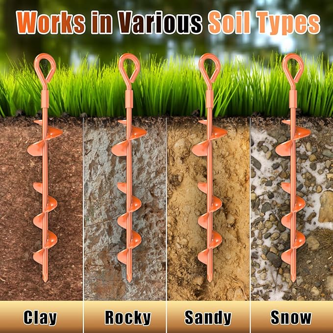 15 Inch Ground Anchors Screw in, 6 Pack Heavy Duty Tent Stakes with T Handle Hex Wrench and Power Nut Driver, Upgraded Metal Trampoline Stake Spiral Anchor Kit for Camping Tent, Swing Set, Canopy