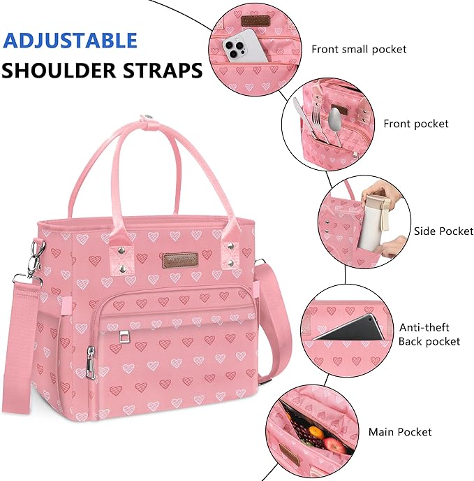 Lunch Bag Lunch Box Women - Leakproof Insulated Lunch Cooler Bag for Women - Large Lunch Tote Bags Adults, Pink Heart