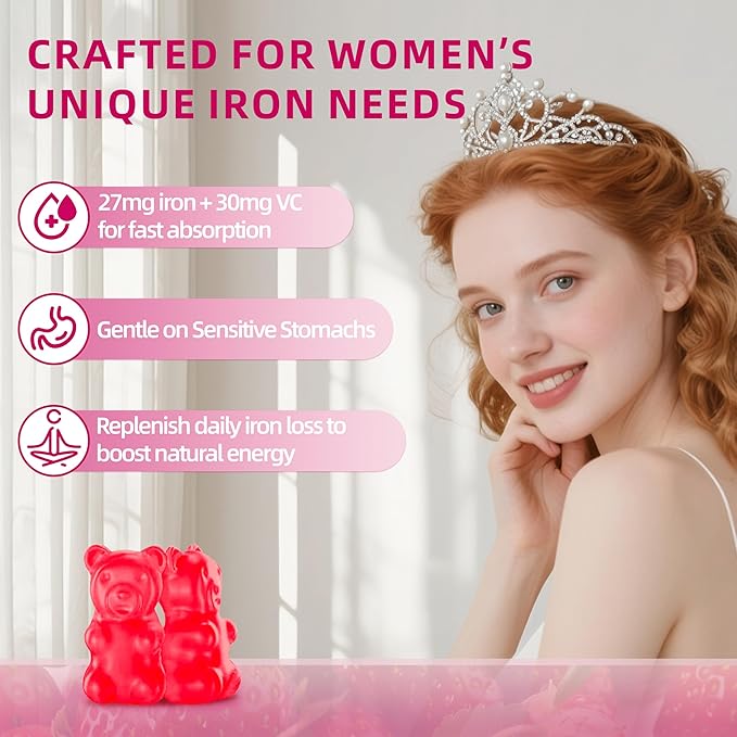 Iron Gummies for Women - Strawberry Flavored Blood Builder Iron Supplement with Vitamin C,E, B & Folic Acid - Health Blood & Energy Support for Iron Deficiency - Gentle Support, Daily Wellness|60 ct