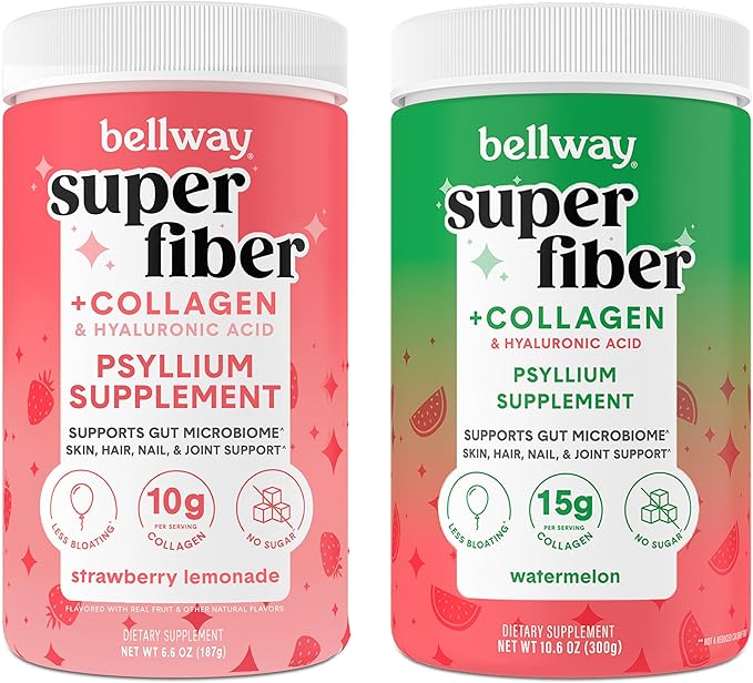 Bellway Super Fiber Powder + Collagen, Sugar-Free Psyllium Husk Powder with Hydrolyzed Collagen Peptides for Gut Health, Healthy Skin, Nails, Bones & Joints, Strawberry Lemonade & Watermelon Bundle