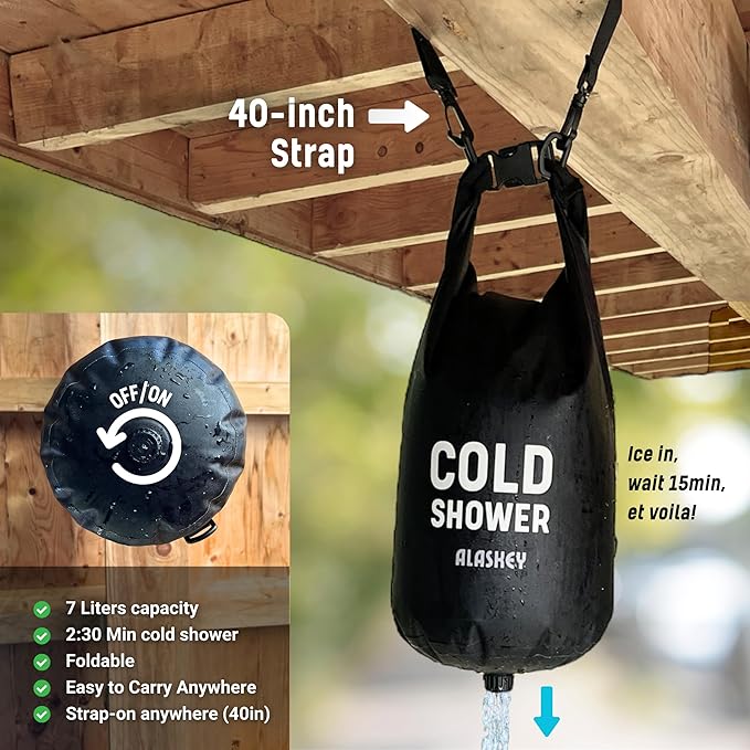 Alaskey® Ice Bath Shower - Hot or Cold Shower Bag with Ice Block - Your Portable Cold Shower System, Ideal for Camping Shower, Cold Therapy Routine, Muscle Recovery, and More...
