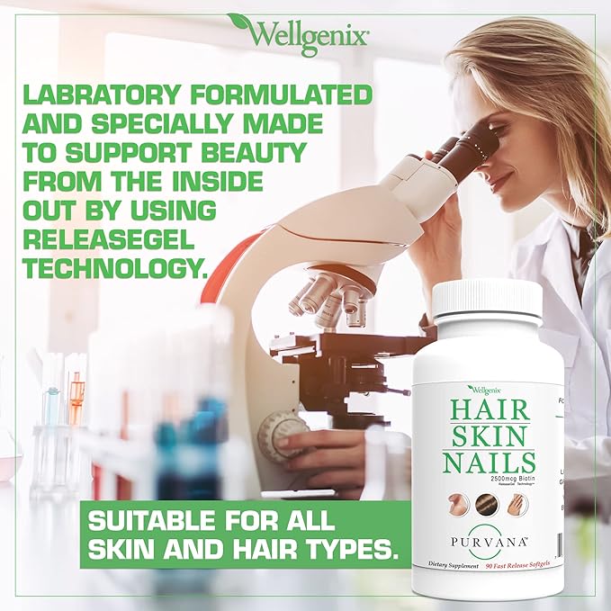 Wellgenix Purvana Hair, Skin, and Nails Vitamin Softgels for High Absorption - Double Strength 2500mcg Biotin, VIT A & B (90 Count) 2 Pack