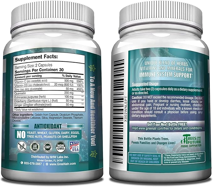 7 in 1 Immune Support Supplement with Vitamin C, D3, Zinc 50mg, Quercetin, Echinacea Purpurea, Sambucus Elderberry and Ginger for Complete Immune Defense - 60 Capsules (3 Bottles)