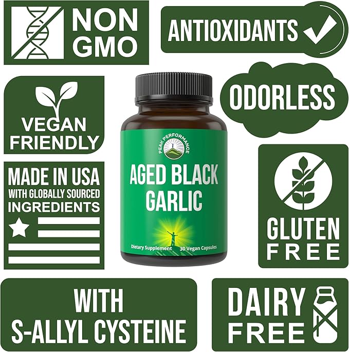 Peak Performance Aged Black Garlic Capsules. Raw Vegan Pure Odorless Extract Supplement Pills for Cholesterol, and Immune Support. from Garlic Bulb with S-Allyl Cysteine and Antioxidants