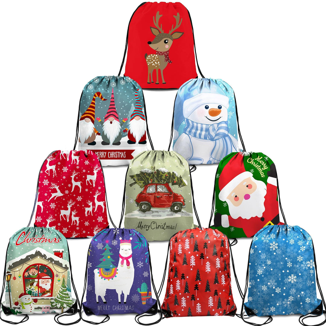 BeeGreen Christmas Gift Wrap Bags 10 Packs，Reusable Personalized Best Gift for Xmas Package Storage，13.5x16.5 Inch Drawstring Backpack Sackpack for Men Women, Santa Sack Backpack for Christmas