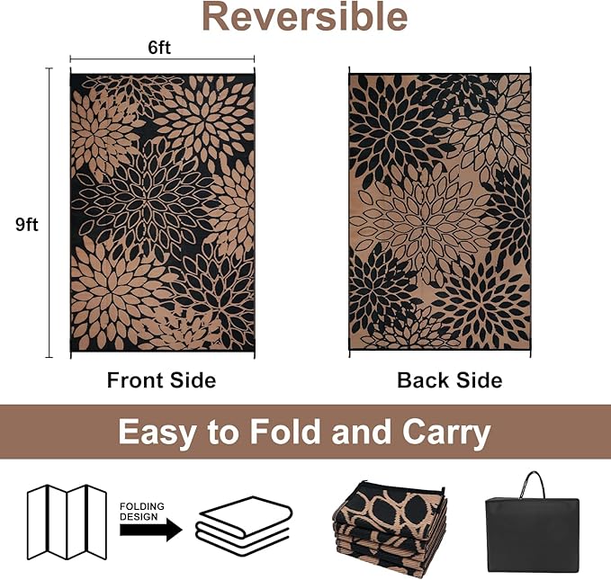 Anidaroel Outdoor Rugs 6x9ft for Patios Clearance Waterproof, Reversible Tropical Plastic Straw Camping Mat Outside Rug, Large Outdoor Area Rug for RV,Deck, Balcony, Picnic(Black/Brown,6'x9')