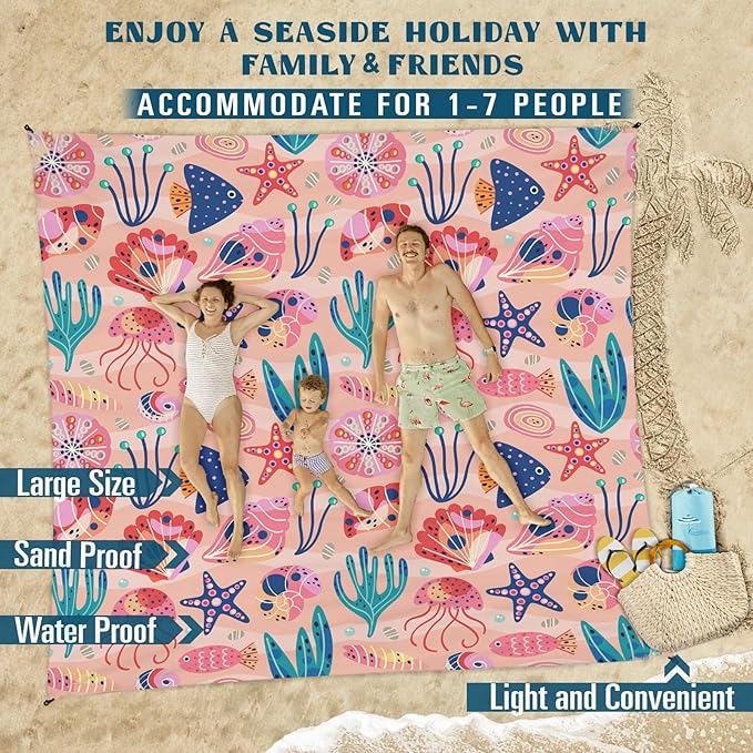 Beach Blanket Sandproof Waterproof 78''×110'' 1-7Adults Oversized,Compact Lightweight Durable Beach Mat for Travel Camping Hiking Picnic Blanket
