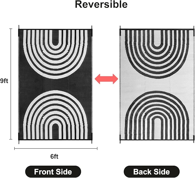 Anidaroel Outdoor Area Rug for Patio Clearance 6X9ft Waterproof, Reversible Plastic Straw Rug Outside Rug, UV Resistant RV Mat for Camping, Porch, Balcony, Pool Deck(Black&White, 6‘x9')