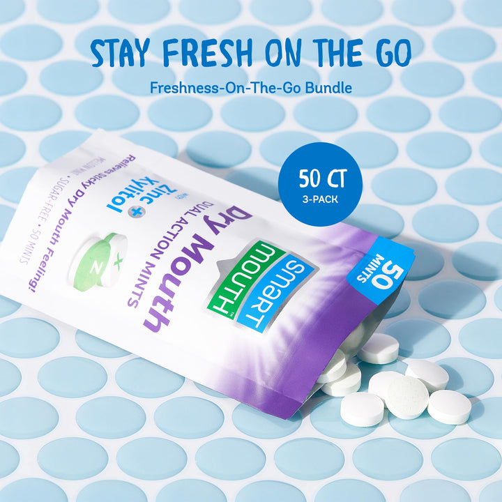 SmartMouth Dry Mouth Dual-Action Mints - Sugar-Free Breath Mints - 50 Count, 3 Pack, Mellow Mint