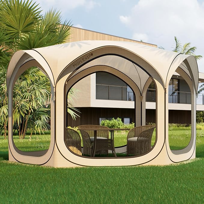 12x12 FT Pop-Up Screen Tent, Portable Screen Room Canopy with Zipper Doors for Patio, Backyard, Deck & Outdoor Activities, Beige