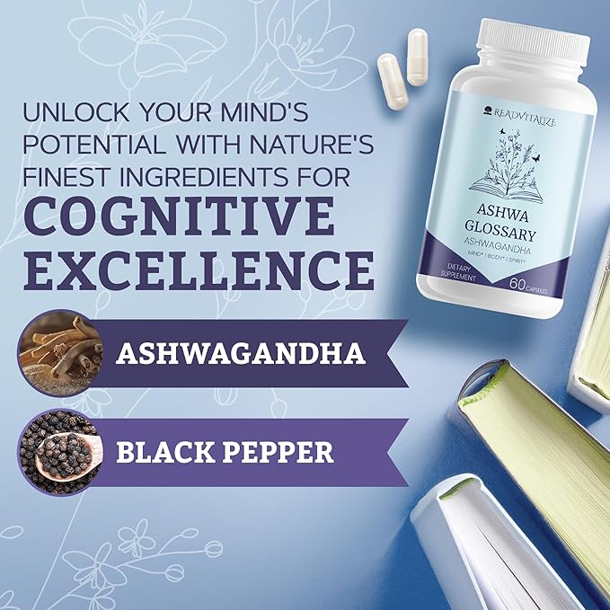 Ashwa Glossary Ashwagandha Supplements with Black Pepper - Enhance Mood, Energy, Reduce Cortisol, Support Hormones, Manage Stress & Sleep - Vegan, Gluten Free, Plant Based (60 Capsules)