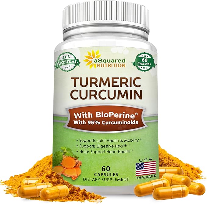aSquared Nutrition Turmeric Curcumin 1300mg with BioPerine Black Pepper Extract Supplement - 60 Capsules - with 95% Curcuminoids - Natural Tumeric Root Powder Joint Pills