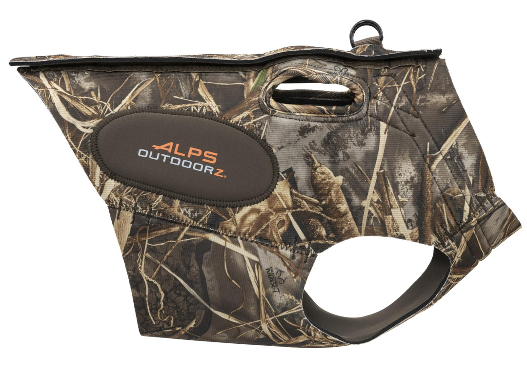 ALPS OutdoorZ Topflight Dog Vest, Dog Hunting Vest with 5mm Neoprene for Warmth, Contoured Neck Design, Buoyancy Flotation Pads, Easy Lift Handles, and Leash Clip, Large - Realtree MAX-7