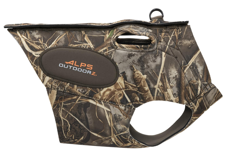 ALPS OutdoorZ Topflight Dog Vest, Dog Hunting Vest with 5mm Neoprene for Warmth, Contoured Neck Design, Buoyancy Flotation Pads, Easy Lift Handles, and Leash Clip, Large - Realtree MAX-7
