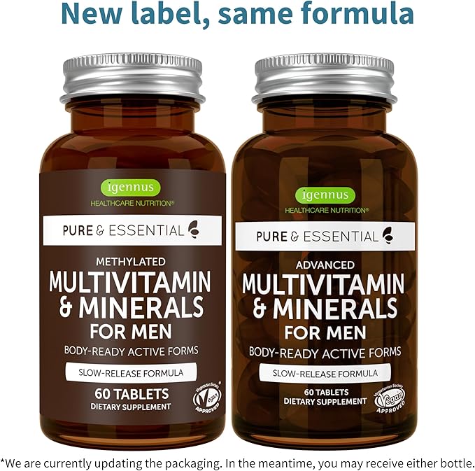 Igennus Methylated Men's Multivitamin, MTHFR Supplement with Active B-Vitamins, 22 Highly Bioavailable Nutrients, Multivitamin for Sustained Release, Clean Label, Non-GMO & Halal 60 Tablets