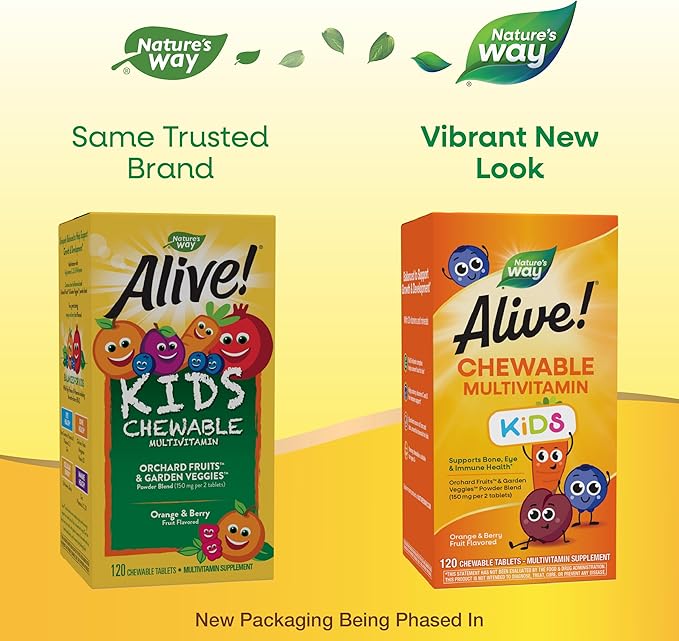 Nature's Way Alive! Children's Daily Chewable Multivitamin, Supports Bone, Eye, and Immune Health*, Orange & Berry Fruit Flavored, Gluten Free, 120 Chewable Tablets (Packaging May Vary) (Pack of 2)