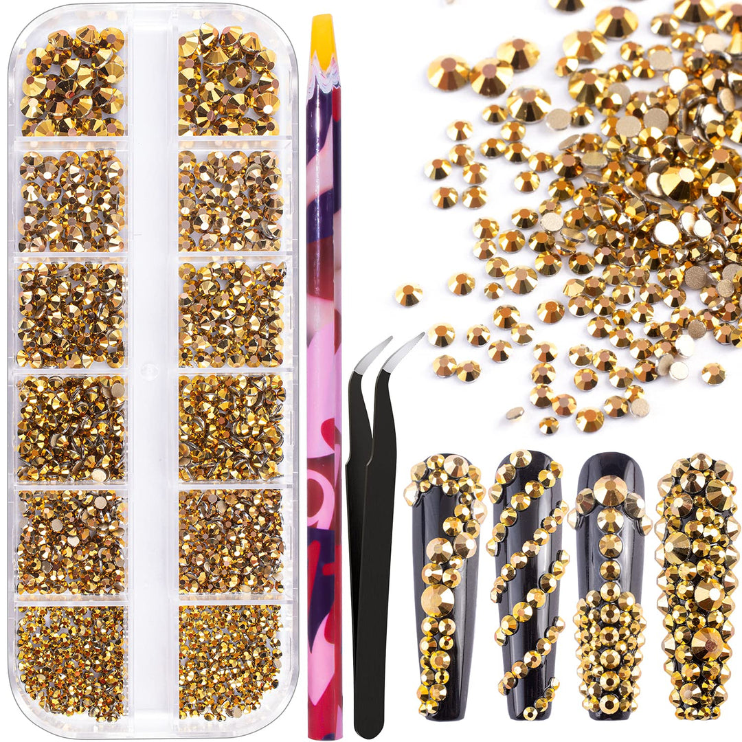 6 Sizes Gold Glass Crystal Kit With Pickup Pen + Tweezer Tools For Shine Nail Art Manicure Makeup Diy Decoration Flatback Round
