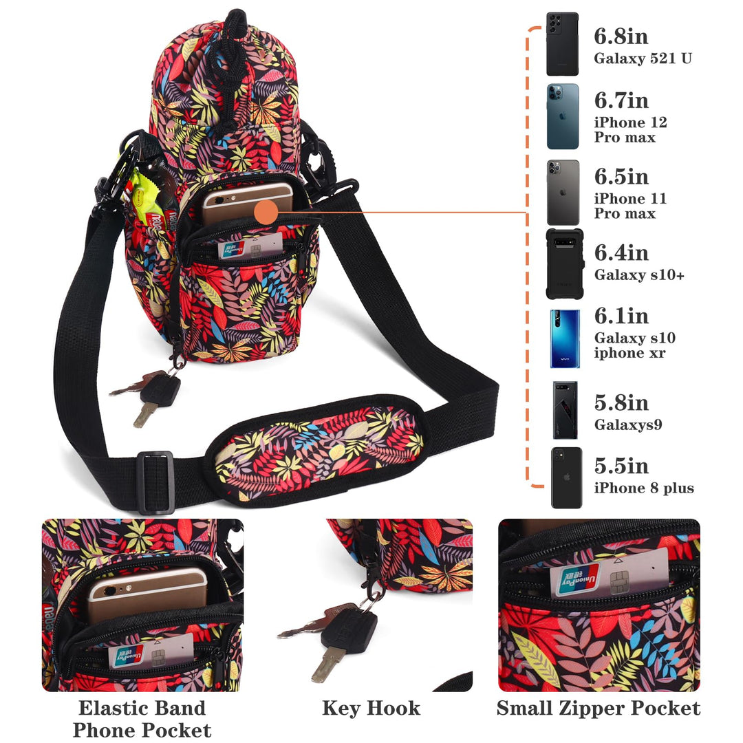 FCQQYWZ Water Bottle Holder with Strap, 32/40oz Water Bottle Bag Crossbody Insulation Water Bottle Holder with Adjustable Shoulder Strap, 4 Pockets for Walking,Camping,Hikingand Fishing (Leaf)