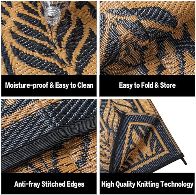 Outdoor Plastic Rug 6'x9' Waterproof Camping Carpet Outside Area Rug Reversible Brown Rugs for RV Deck Entryance Porch Picnic Balcony Beach