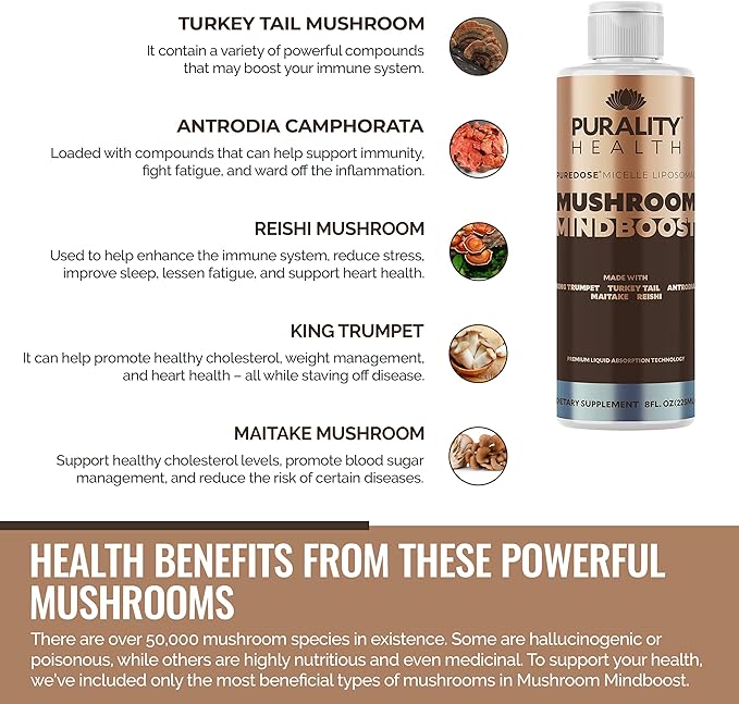 Mushroom Mindboost, Liposomal Formula, Helps with Brain Fog, Natural Energy, King Trumpet, Turkey Tail, Chocolate Flavor, Vegan, 15 Day Supply